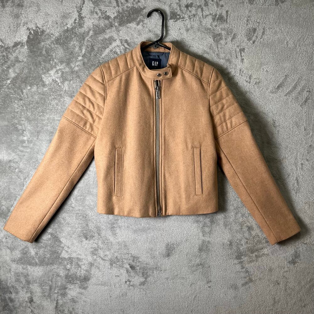 GAP Camel Wool Blend Moto Jacket Quilted Shoulder Zip‎ Front Biker Chic Small